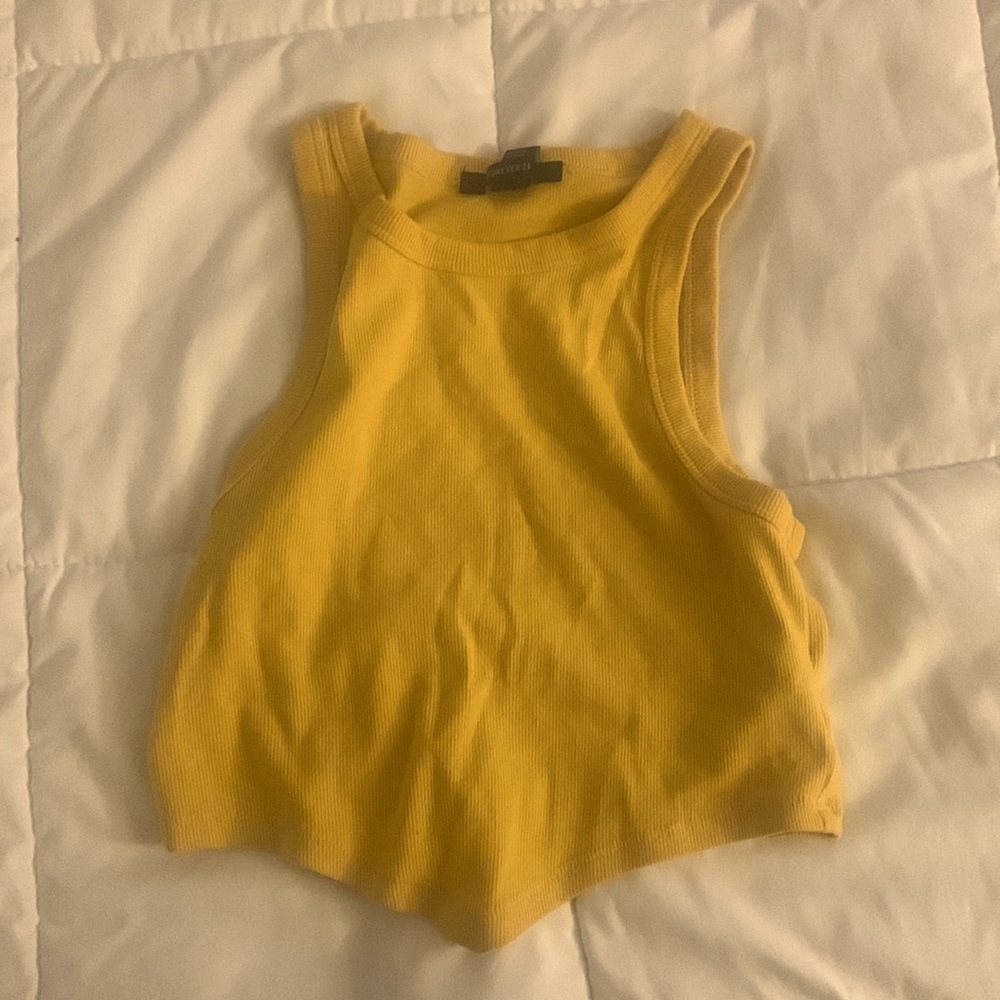 yellow, sleeveless top